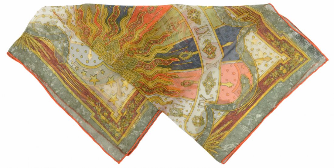 HERMES GREEN CREPE SILK CARPE DIEM GAVROCHE SCARF: Hermes 'Carpe Diem' gavroche scarf in green crepe silk, central sundial enclosed by patterned borders in yellow, green, orange and red tones, marked Hermes Paris, retaining tag, approx 15.25"l, 16"w,