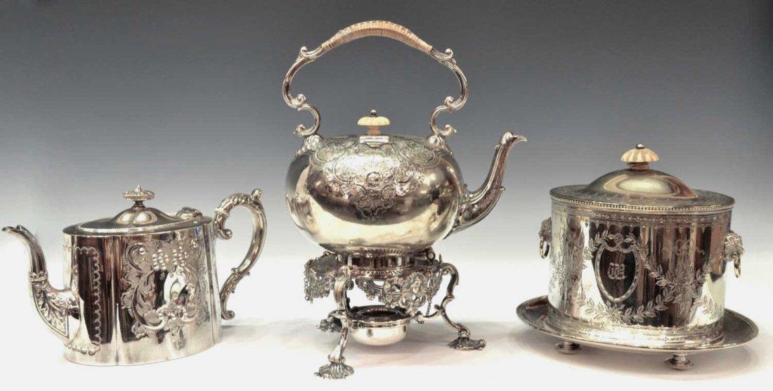 (3) ANTIQUE ENGLISH SILVERPLATE KETTLES, DIXON: (lot of 3) English silver plate kettles and lidded jar: (1) Victorian James Dixon & Sons kettle having oval metal finial, open cartouche to one side with dent, 6"h, 10"w (spout to handle); (1) Hodd & 