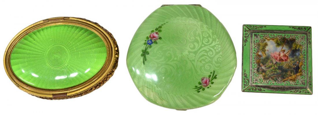 (3) AUSTRIAN STERLING GUILLOCHE ENAMEL COMPACT LOT: (lot of 3) Antique to vintage compacts: (1) Austrian guilloche enamel and sterling compact, the lid painted with a swinging beauty, green enamel ground, beveled mirror to the interior, 2.25"sq; (1) ov