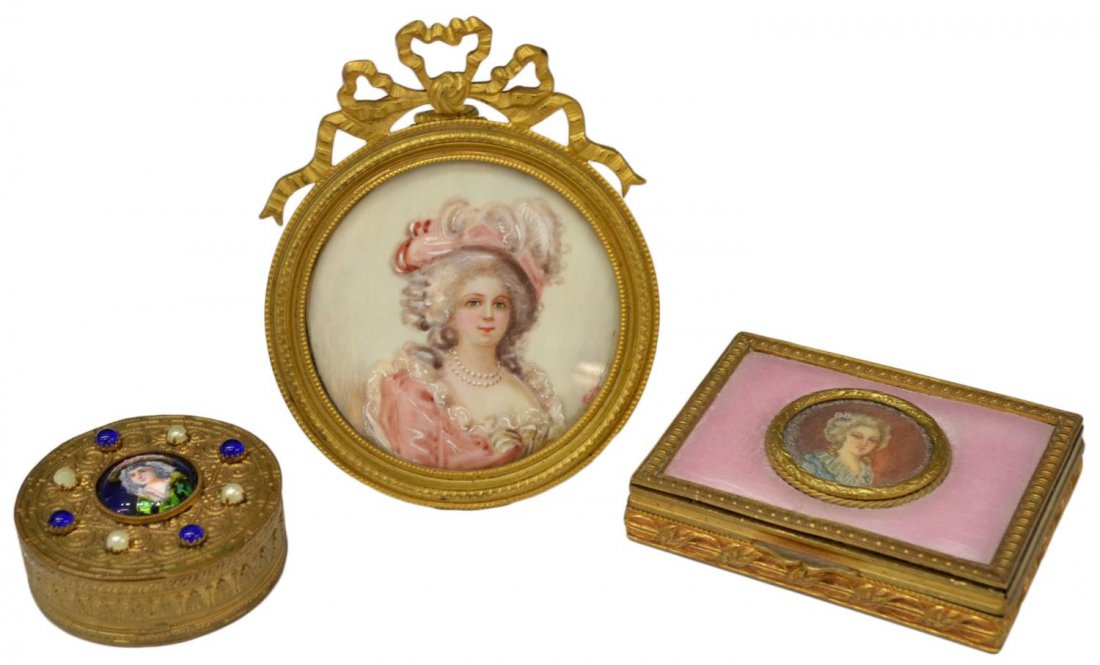 (3) FRENCH PORTRAIT MINIATURE COMPACTS & FRAMED: (lot of 3) French painted portrait miniatures: (1) circular compact set with blue and white cabochons, central enameled portrait of a lady, mirrored interior retaining puff, 2"diam; (1) dresser box of