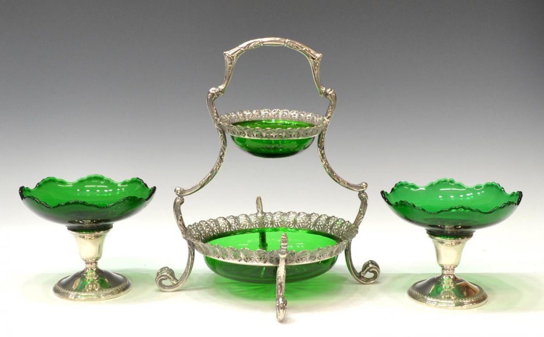 (3) 800 SILVER & GLASS CENTERPIECE, 925 COMPOTES: (lot of 3) Silver tableware group: (1) tiered centerpiece, the pierced 800 silver frame set with two green glass bowls of graduated size, 7.39ozt (weighable silver); (2) Rogers compotes, dark green gl