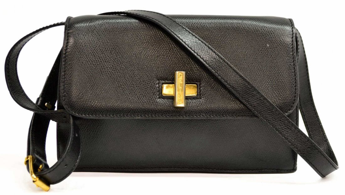 CELINE BLACK LEATHER SHOULDER BAG, GILT HARDWARE: Celine shoulder bag in black leather, long adjustable strap, gold tone turnlock clasp, red two compartment interior with single zipper pocket, bag: approx 6.5"h, 9."w, 2.5"d, 1lb Start Price: $100.00