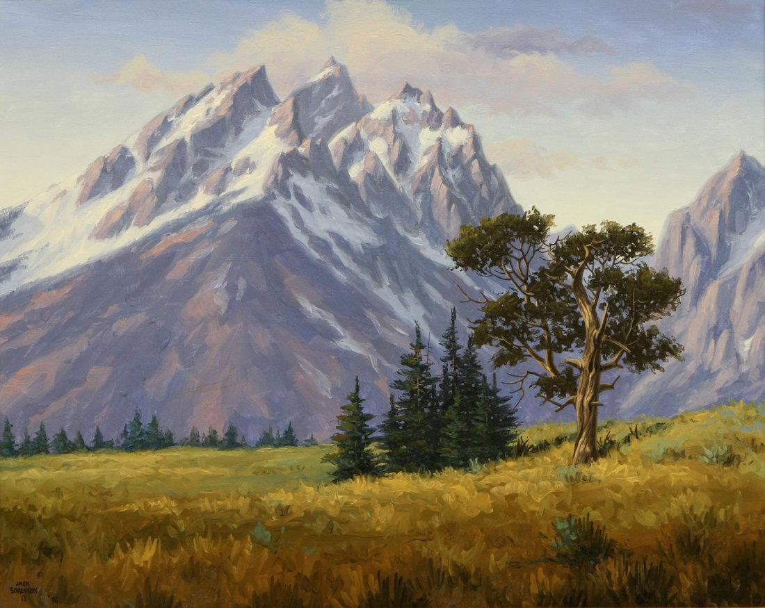 WESTERN PAINTING, JACK SORENSON (TEXAS, B. 1954): Framed oil painting on canvas, "The Old Patriarch" signed lower left Jack Sorenson, '86 (Texas, b. 1954), signed, dated, titled on verso stretcher, sight: 15.5"h, 19.5"w, overall: 11.75"h, 27"w, 6.5lb