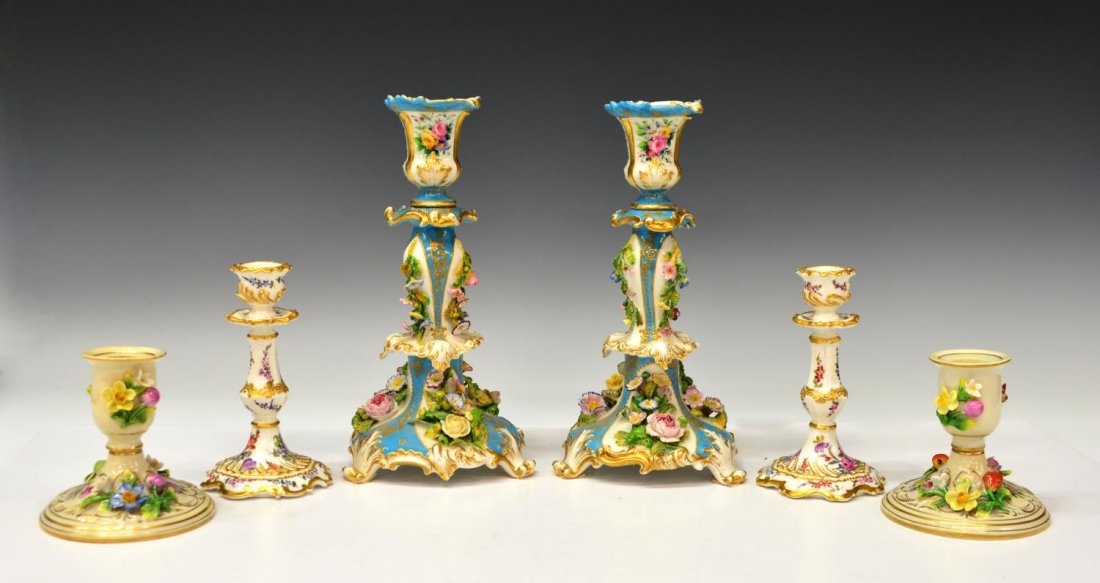 (6) DRESDEN, MEISSEN & JACOB PETIT CANDLESTICKS: (lot of 6) Group of Continental porcelain candlesticks, comprising: (pair) Dresden candlesticks, hand painted and applied flowers, foliage and fruit, marked underfoot, some loss to applied flowers, 4"