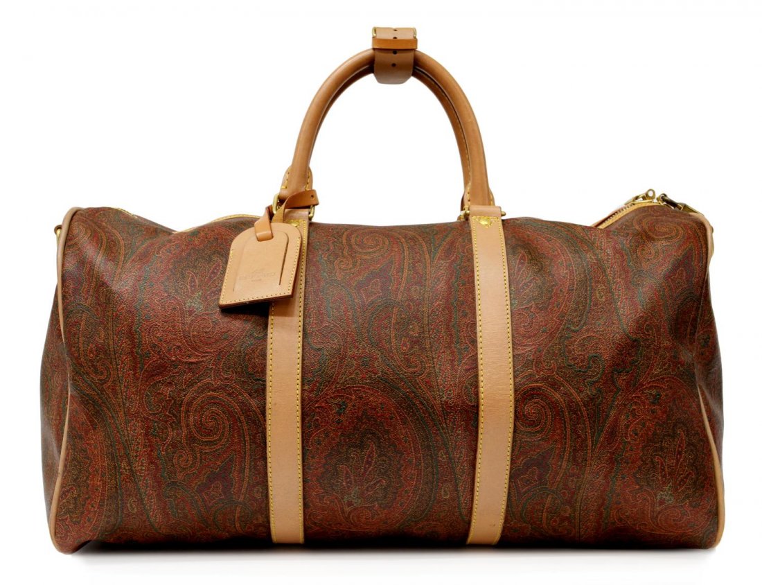 ETRO PAISLEY CANVAS & BROWN LEATHER TRAVEL BAG: Etro paisley canvas duffle bag, shoulder strap model with luggage tag and lock, light brown leather trim, lacking keys, bag: approx 17"h, 20"w, 10"d, 1.5lbs Start Price: $100.00