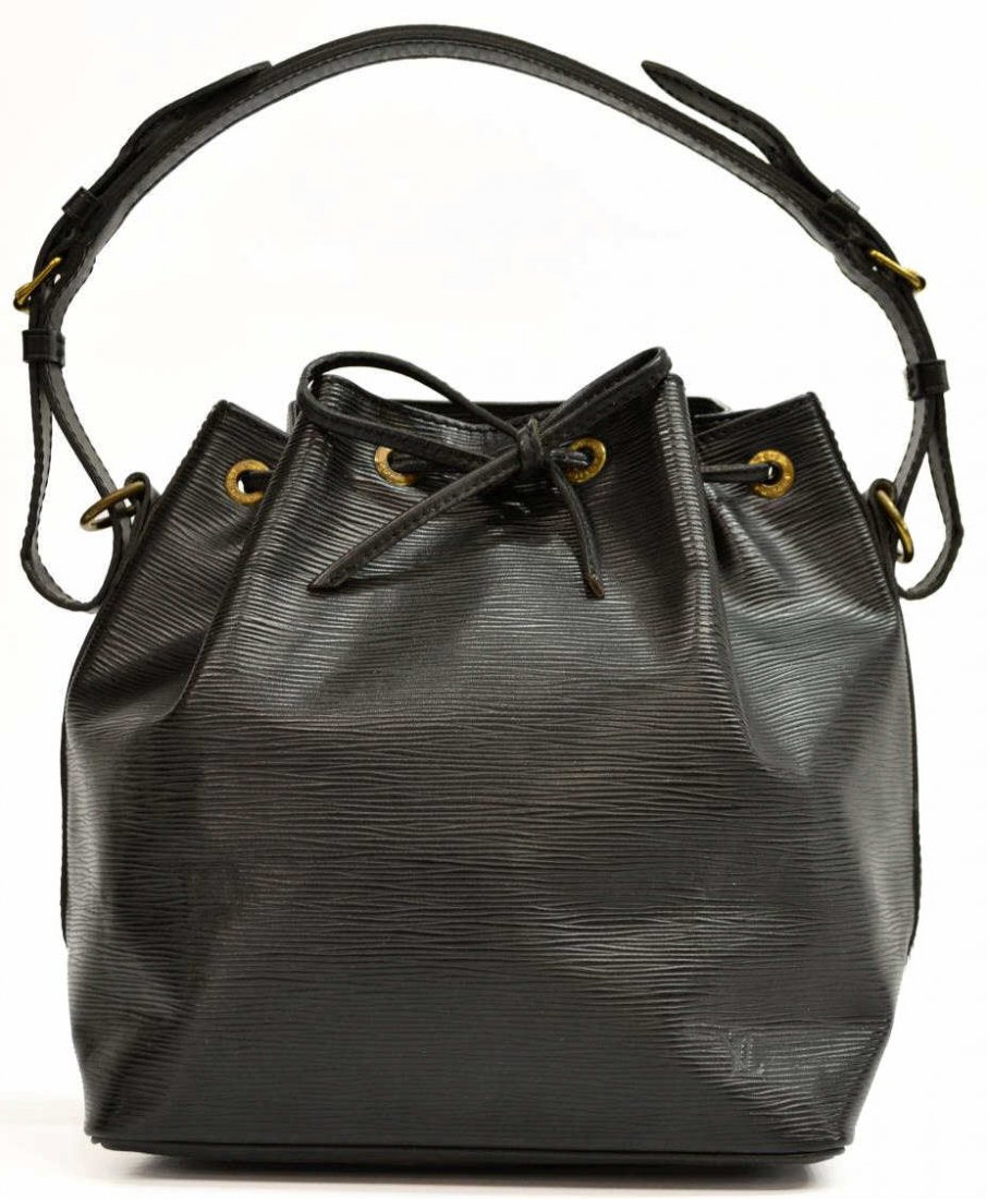 LOUIS VUITTON PETIT NOE DRAWSTRING SHOULDER BAG: Louis Vuitton "Petit Noe" drawstring shoulder bag in black EPI leather, long adjustable strap, single zipper pocket interior, some patination, bag: approx 10.5"h, 15"w, 7.25"d, 1.5lbs Start Price: $25