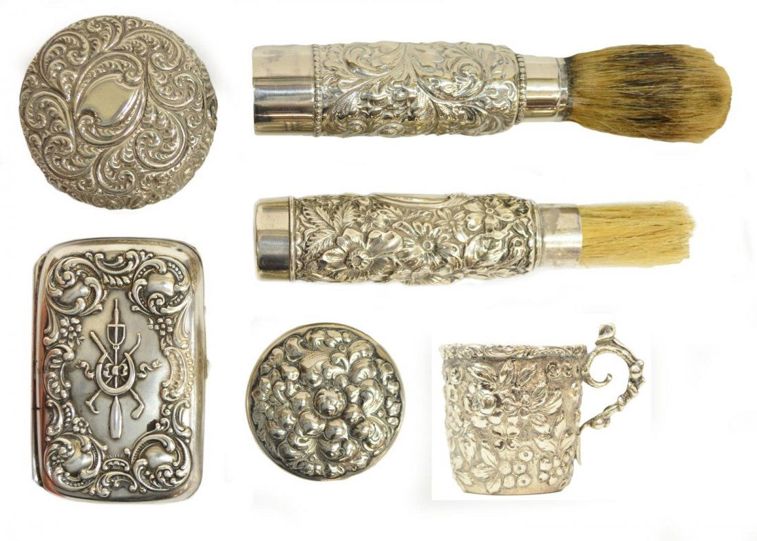 (6) ANTIQUE / VINTAGE REPOUSSE STERLING BOXES, CUP: (lot of 6) Sterling silver table items: (1) repousse silver box, the top with a horseshoe, golf club, oar and stirrup in relief, engraved verso 'A.B. Cohen to Hyman Solomon, Silver Wed(ding) Anivry (a