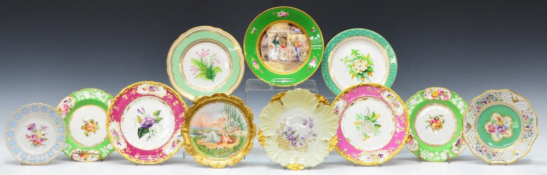 (11) ASSORTMENT OF CONTINENTAL PORCELAIN PLATES: (lot of 11) Collection of Continental transfer and hand painted porcelain cabinet plates,19th/20th c., comprising: (2) English Spode, reserves of polychrome flowers and fruit on a green and white grou