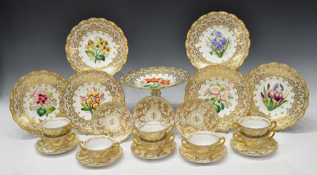 (23) 19TH C. ENGLISH GILT PORCELAIN SERVICE SET: (lot of 23) Group of Continental parcel gilt porcelain tableware, comprising: (16) Austrian Count Thun gilt enameled drink ware, including (8) teacups and (8) saucers, mark as pictured, teacup: 2"h, 3