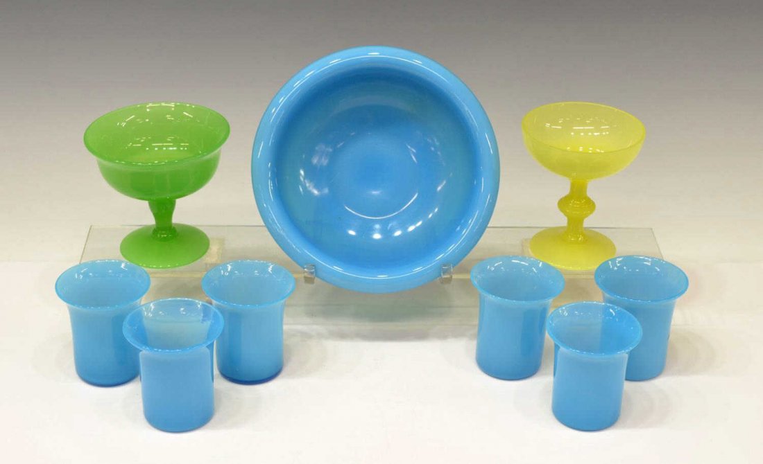 (9) COLLECTION OF COLORED FRENCH OPALINE GLASS: (lot of 9) French opaline glass, comprising: (6) blue tumblers, 3"h, 2.75"diam; (1) blue bowl, flared rim, 2.5"h, 7.5"diam; (1) yellow sherbet, 4.25"h, 3.5"diam; (1) green sherbet, 4"h, 4.25"diam; 4lb