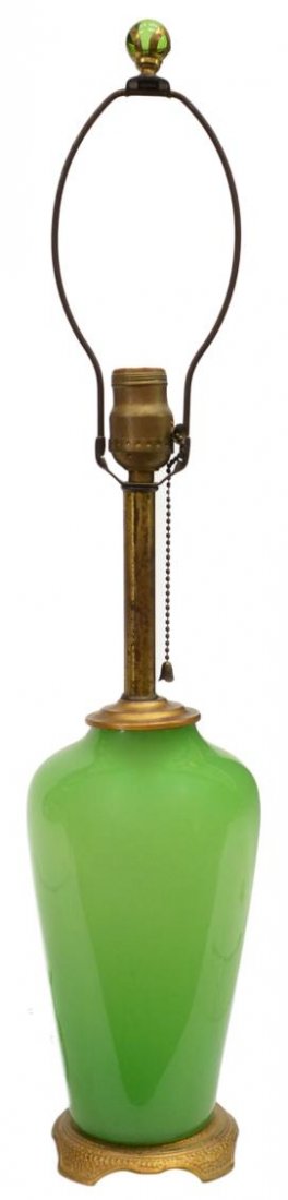 GREEN OPALINE GLASS & GILT IRON TABLE LAMP: Green glass vase, likely opaline, now as a table lamp, of baluster form on a gilt iron base, vase: 9.75"h, overall: 26.5"h, 4lbs Start Price: $50.00