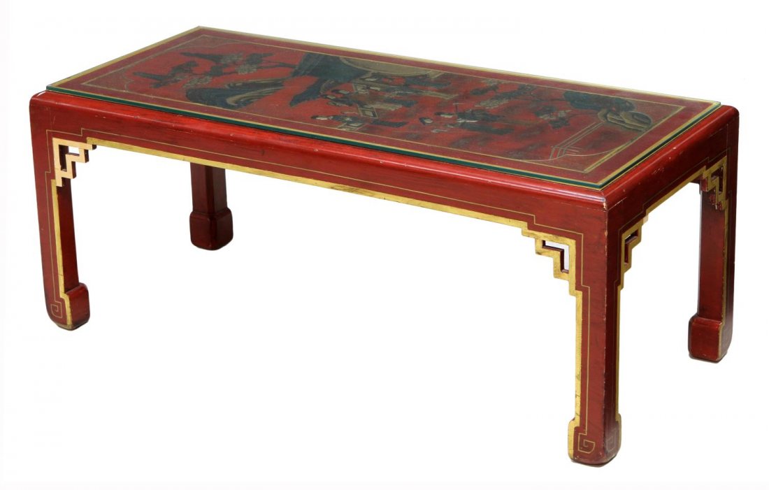 DIMINUTIVE CHINESE FIGURAL COFFEE TABLE: Diminutive Chinese red lacquer coffee table, having a added glass top over a figural scene, rising on squared legs, 16"h, 39"l, 16.5"d Start Price: $100.00