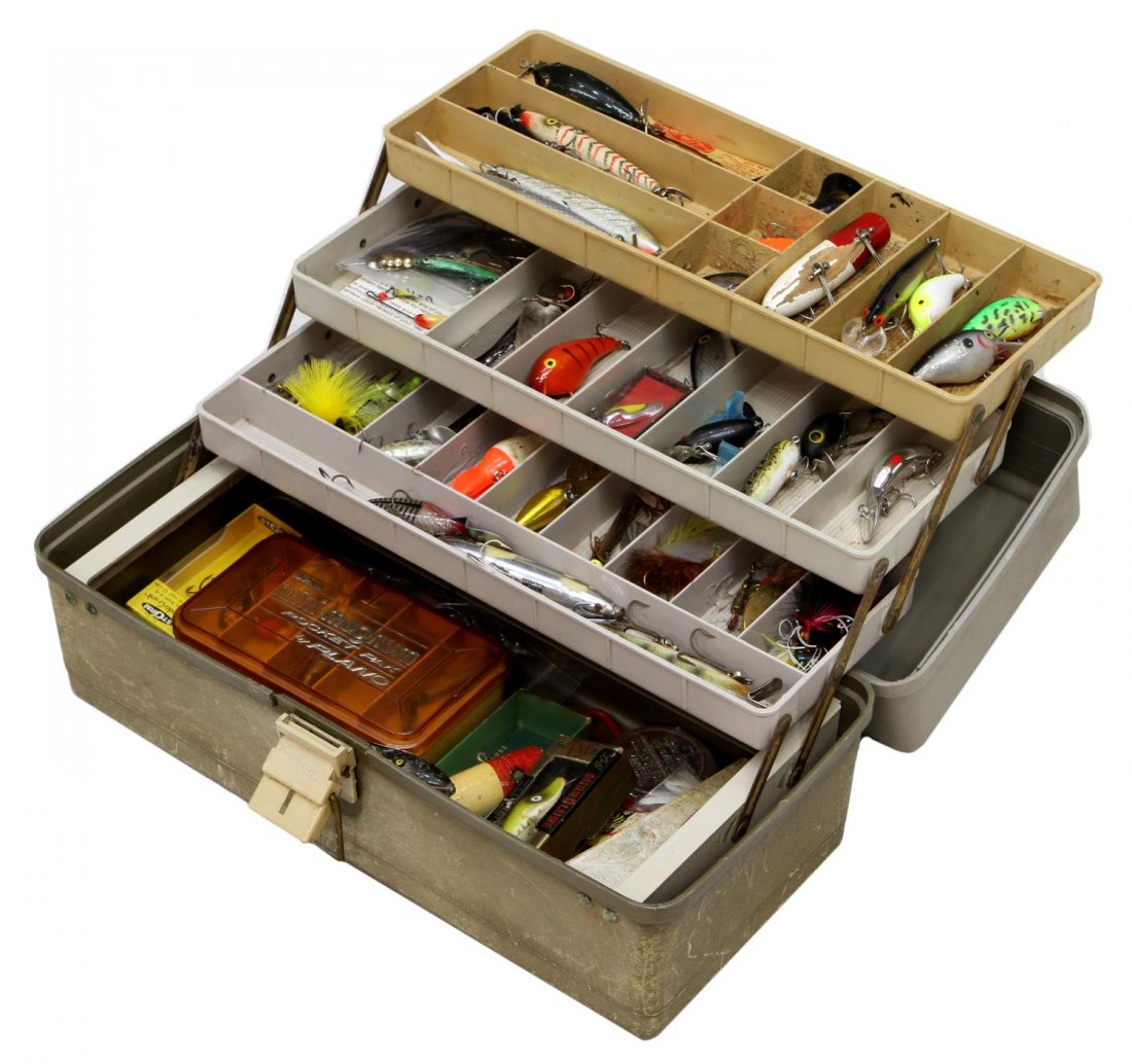 VINTAGE FISHING TACKLE BOX WITH MANY LURES: Plano fishing tackle box with many vintage lures including South Bend Bass-Oreno, Meadow Brook lure in box, Shur Strike lure in box, Storm Thunder Strike in box, spoons and spinners, smaller belt on t