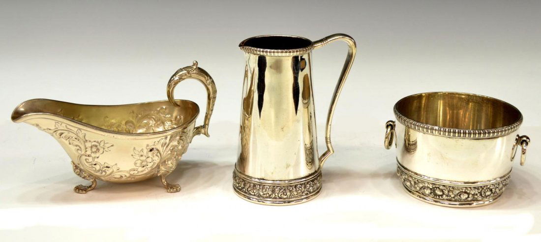 (3)TIFFANY & COMPANY & HAMILTON DIESINGER STERLING: (lot of 3) Sterling silver table items: (set of 2) Tiffany & Company 1 1/2 Giles cream pitcher, (1) open sugar of barrel form with ring handles, each having a foliated band at the foot, pitcher: 4.25"