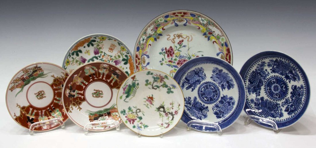 (8) COLLECTION CHINESE & JAPANESE PORCELAINS: (lot of 8) Collection of assorted Asian porcelain plates and bowls, including: (1) Chinese enameled dish, polychrome enamels with central flower vase, small hairline, flaw at rim, 9"diam; (2) blue and