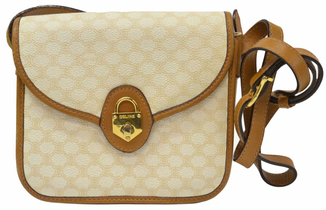 CELINE WHITE MACADAM MONOGRAM CANVAS PURSE: Celine in white macadam monogram canvas shoulder bag with adjustable leather strap, interior zipper pocket, gilt rotating hardware, some wear, bag: approx 6.5"h, 7.25"w, 2"d (not including strap), 1lb