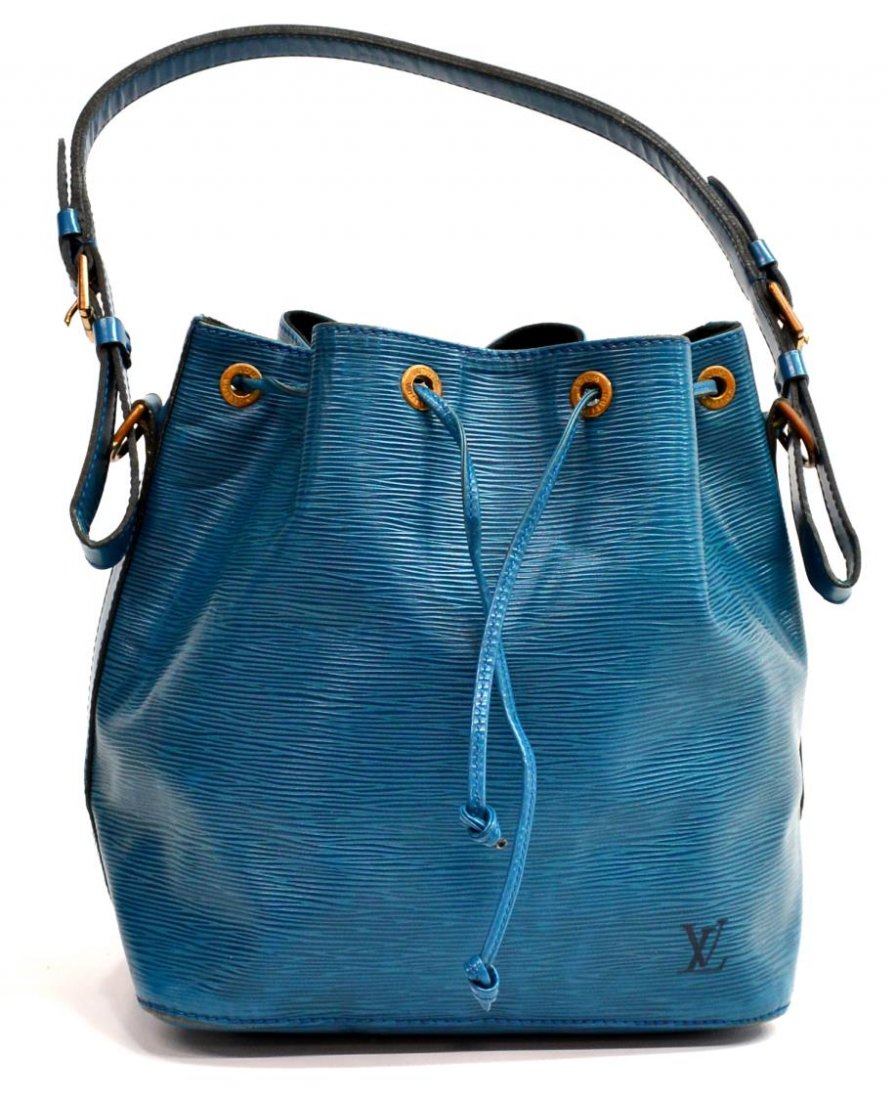 LOUIS VUITTON NOE PM DRAWSTRING EPI SHOLDER BAG: Louis Vuitton "Noe PM" drawstring shoulder bag in blue EPI leather, long adjustable strap, black interior with some marks, small wear along bottom trim as pictured, bag: approx 10.25"h, 10.25"w, 7.25"