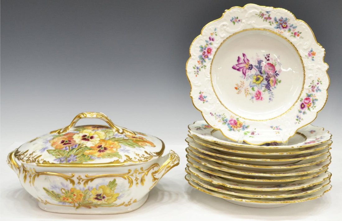 (11)ELITE LIMOGES TUREEN & ENGLISH NEW HALL PLATES: (lot of 11) Collection of Continental porcelain dinnerware, comprising: (1) Elite S and M Limoges France lidded tureen, hand painted orange, yellow and purple flowers on a white ground, gilt foliated