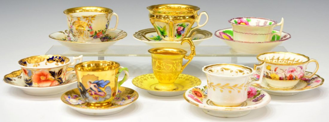 (8) CONTINENTAL PORCELAIN CUPS & SAUCERS, KPM: (8 sets) Collection of Continental porcelain polychrome teacups and matching saucers, including (1) KPM, with alternating panels of gilt and flowers, (1) Capodimonte, the body decorated with a classic