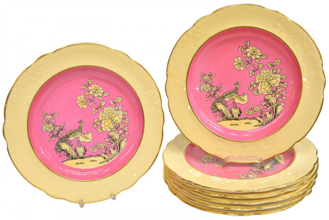 (7) SPODE COPELANDS CHINA ENGLISH LUNCHEON PLATES: (set of 7) Spode Copeland's luncheon plates, England, cream color with pink foreground, floral and avian motif, double gilt rim, some with crazing and general wear, 9"diam, 7.25lbs total Start Price: 