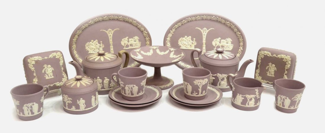 (17) WEDGWOOD LILAC JASPERWARE GROUP, TEA SET: (lot of 17) Wedgwood jasperware tea set and table items, white classical figural scenes, foliage and grape vine patterns on a lilac / purple ground, various impressed marks, comprising: (2) teapots, 4