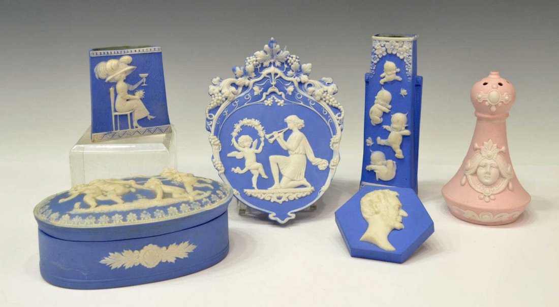 (6) COLLECTION OF GERMAN & OTHER JASPERWARE: (lot of 6) Group of German and other jasperware, highlights including (1) blue Rose O'Neill 'kewpie' vase, (1) blue plate, classical figural scene enclosed by grape vines, (1) blue box, top decorated
