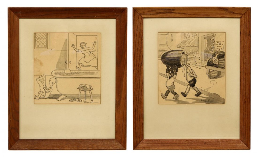 (2) "HENRY" CARTOONS, CARL ANDERSON (1865-1948): (lot of 2) Framed "Henry" single panel cartoons, c. 1932, originals by Carl Anderson (Carl Thomas Anderson, American, 1865-1948), each with copyright of the Saturday Evening Post magazine, one with st