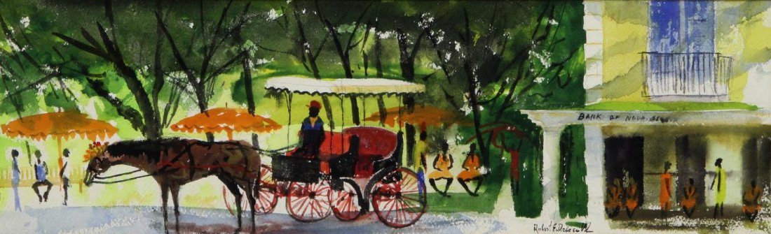 PAINTING: ISLAND CARRIAGE, ROBERT E. DRISCOLL: Framed watercolor painting, Island Carriage, signed lower right Robert E. DriscolL (American, 20th21st c.), sight: 5.5"h, 17.5"w, overall: 11"h, 23"w, 2.75lbs Start Price: $60.00