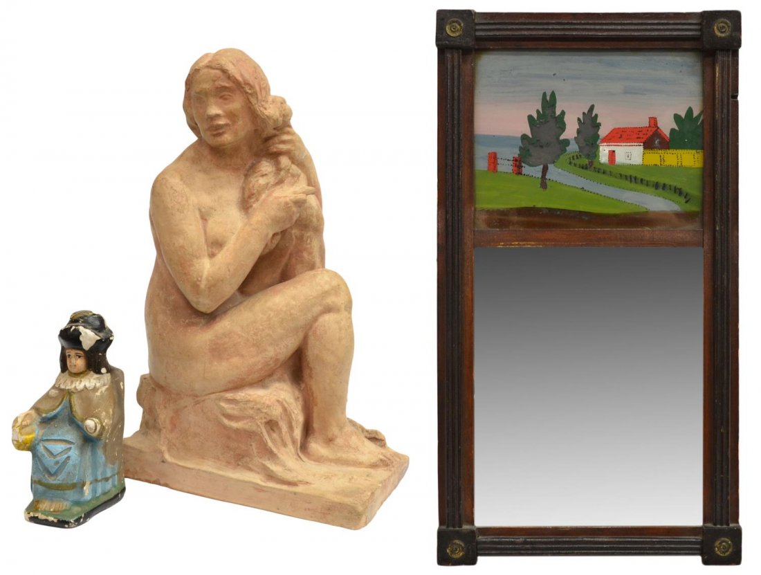 (3) VINTAGE CHALKWARE FIGURES & ANTIQUE MIRROR: (lot of 3) Group of chalkware, comprising: (1) figure of a seated nude female playing with her hair, 14.5"h, 9"w, 5.5"d; (1) figure of a seated official, clad in polychrome garb, loss throughout, 6"h,