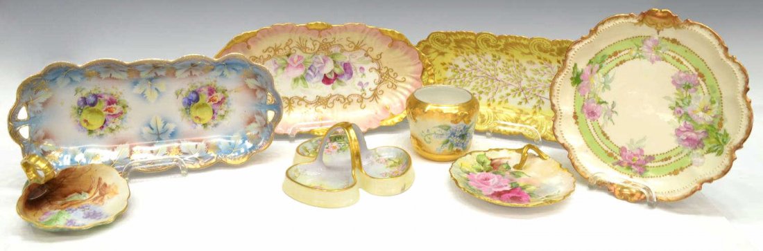 (8) LIMOGES, SHERRATTS AND OTHER PORCELAIN ITEMS: (lot of 8) Collection of Continental and other porcelain tableware, in similar floral patterns and varying colors, comprising: (3) relish dishes, one marked Limoges, another marked V.F. Limoges, large