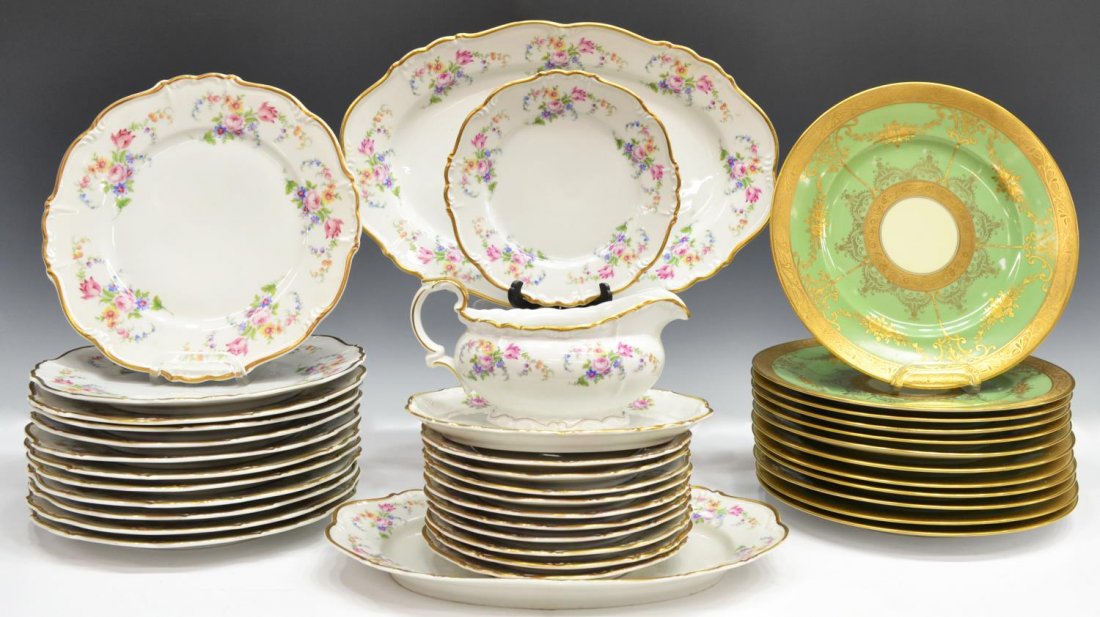 (38) CONTINENTAL PORCELAIN DINNERWARE SETS: (lot of 38) Edelstein 'Margareta' dinnerware, polychrome flowers with foliage on a white ground, gilt trim, comprising: (12) dinner plates, 10.25"diam; (11) salad plates, 7.75"diam; (1) gravy boat wit