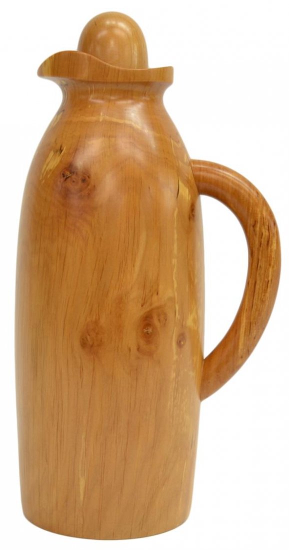 ITALIAN CARVED SYCAMORE CARAFE, MANZONI PIETRO: Italian mid-century modern sycamore carafe, design by Manzoni Pietro for Vietri, Bergamo, Italy, lined interior, manufacturer's stamp on the underside, 12"h, 6"w (including handle), 2lbs Start Price: 