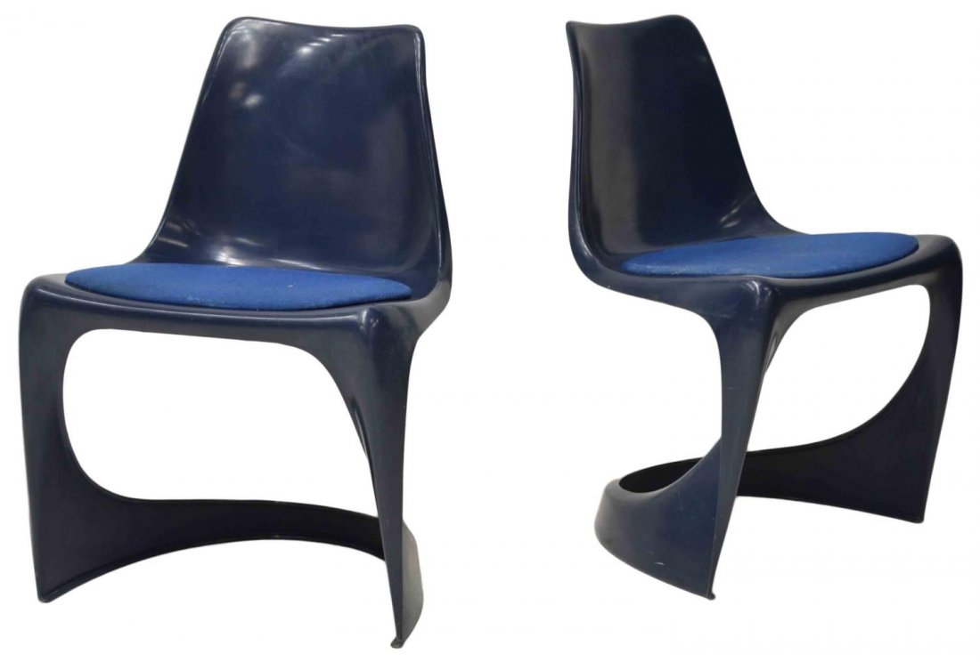 (2) DANISH MID-CENTURY MODERN CADO CHAIRS: (lot of 2) Danish modern Cado blue molded plastic stacking chairs by Steen Ostergaard, 1960's with blue fabric seat, some stains to upholstery, 29.25"h, 20.5"w, 16"d Start Price: $200.00