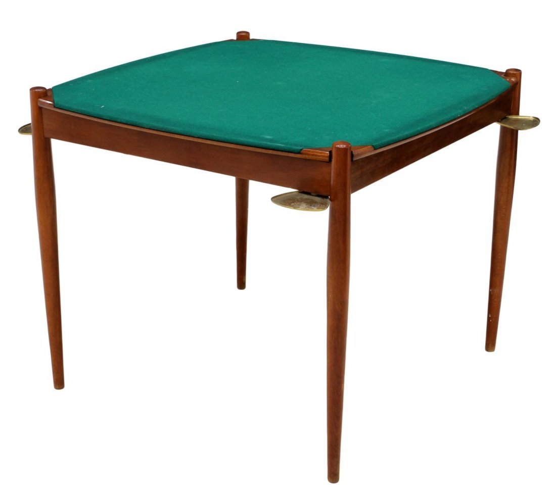 ITALIAN MID-CENTURY MODERN POKER TABLE, GIO PONTI: Italian mid-century modern teakwood poker table, c. 1960, design by Gio Ponti (Milan, 1891-1971) for Fratelli Reguitti, the lift top revealing open storage and a green felt lined underside for playing