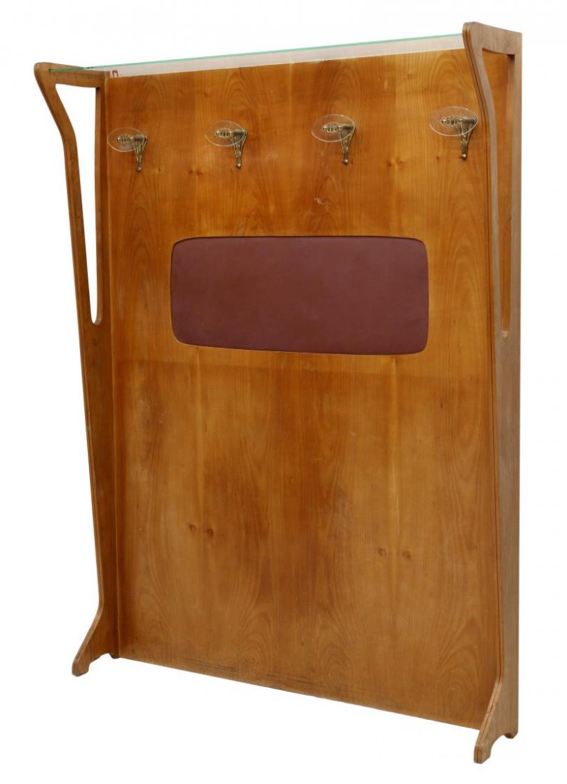 ITALIAN MID-CENTURY MODERN HALL TREE: Italian mid-century modern birch hall tree, 1950's, a glass shelf over four coat hooks, flared sides with cutouts, 70.5"h, 53"w, 12"d Start Price: $100.00