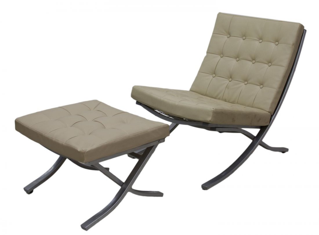 METAL & WIRE CHAIR & OTTOMAN: Metal wire lounge chair and ottoman by Sitcom Furniture, Oakland, California, each with buttoned cushions, one cushion with hole at corner, color of upholstery varies chair: 31.25"h, 26"w, 30"d, ottom