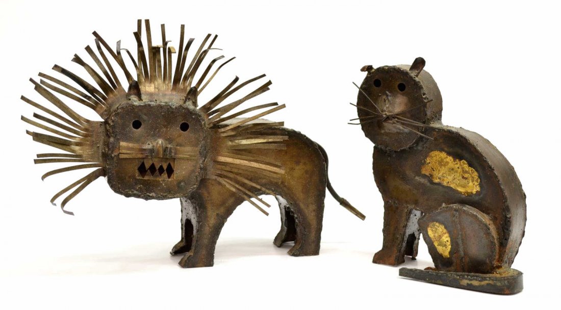 (2) VINTAGE STEEL SCULPTURES, MANUEL FELGUEREZ: (lot of 2) Vintage Mexican steel sculptures by Manuel Felguerez, (Mexico, b. 1928): (1) lion, 10,5"h, 15.5"l, 5"d; (1) cat, 9.25"h, 7"l, 3.25"d, total: Start Price: 150