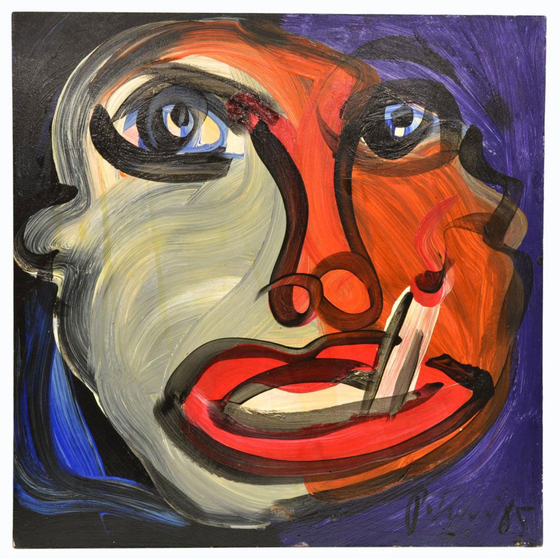 MODERN PAINTING, "FACE IN THE LIGHT", PETER KEIL: Unframed painting on masonite board, "Face in the Light", signed and dated lower right P. Keil 85 (Peter Robert Keil, German, b. 1942), accompanied by a certificate of authenticity, 24"h, 24"w, 3lbs S