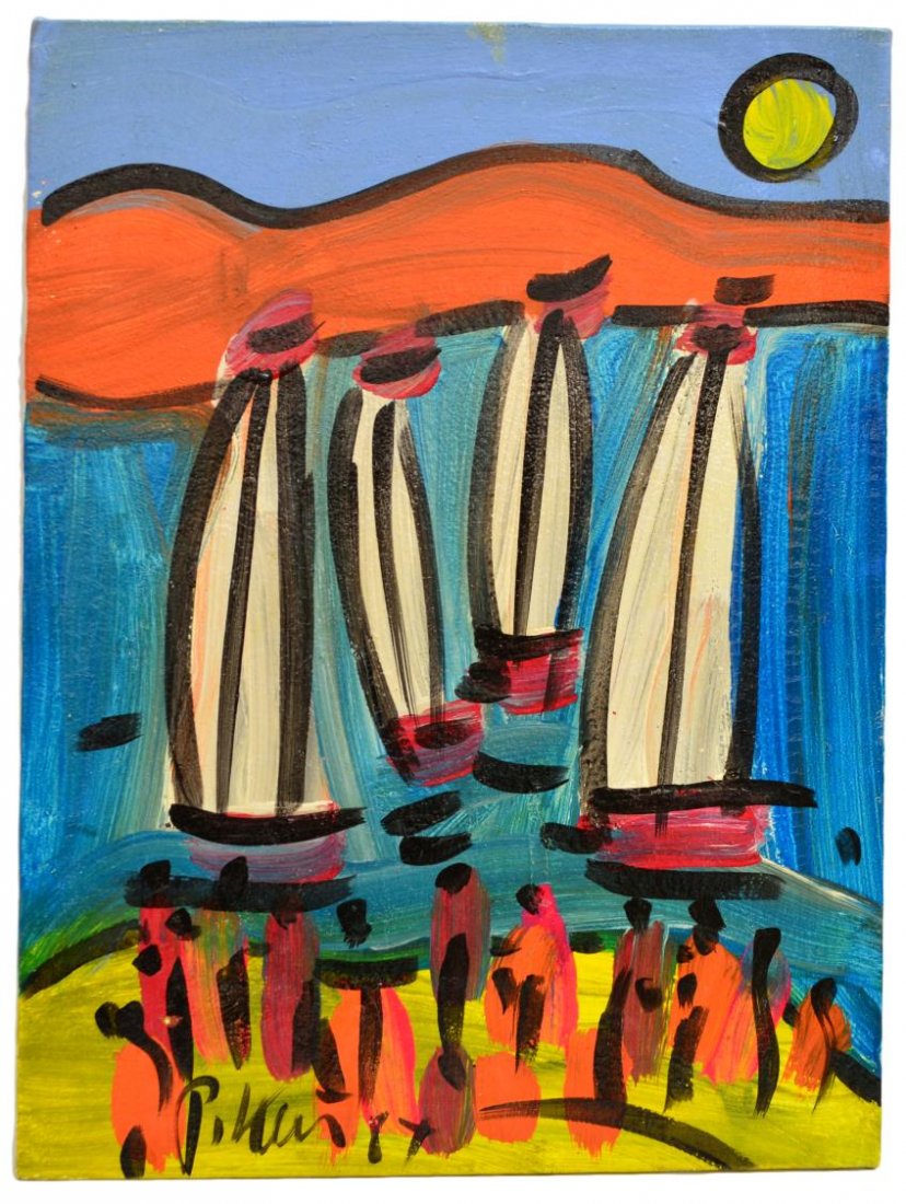 CONTEMPORARY PAINTING, SHIPS, PETER KEIL: Unframed painting on canvas, Ships at Sea, signed and dated lower left P. Keil 87 (Peter Robert Keil, German, b. 1942), 24"h, 18"w, 1.75lbs Start Price: $200.00