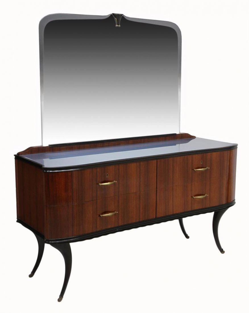 ITALIAN MID-CENTURY MODERN COMMODE, PAOLO BUFFA: Italian mid-century modern commode, design attributed to Paulo Buffa (Italian, 1903-1970), a mirror back with clear glass border over the shaped top, a serpentine front with four drawers, rising on ta