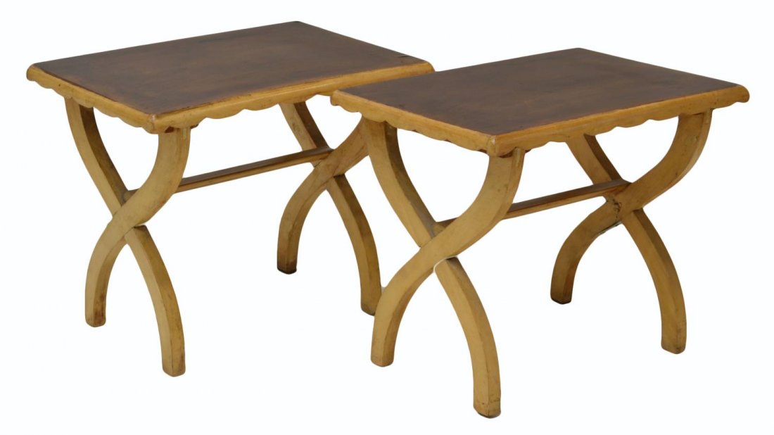 (PAIR) ITALIAN MID-CENTURY STOOLS, MANNER OF BUFFA: (pair) Italian two-toned wood stools, c. 1950's, design in the manner of Paolo Buffa (Italian, 1903-1970), each with 'x' form frame, small veneer loss, restoration, 16.25"h, 20"w, 14"d Start Price: $8