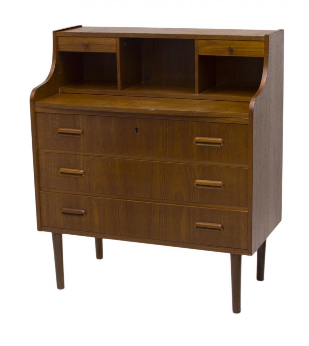 DANISH MID-CENTURY MODERN TEAKWOOD BUREAU: Danish mid-century modern teakwood bureau, 1950's, an open work surface top with drawers and storage slots over three drawers, rising on tapered turned legs, 38.5"h, 33.5"w, 16.5"d Start Price: $150.0