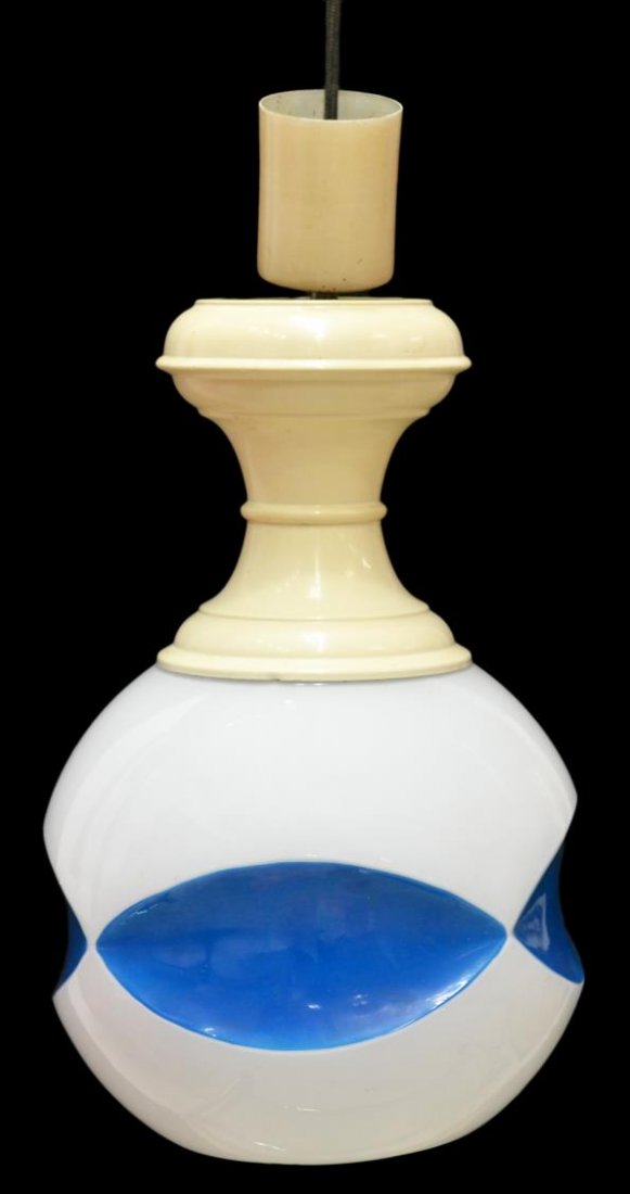 ITALIAN MID-CENTURY MODERN GLASS CEILING LIGHT: Italian mid-century modern hanging lamp, c. 1960, a white and blue pinched glass shade of globular form enclosing light, in need of wiring, approx 15"h, 10.75"w Start Price: $60.00