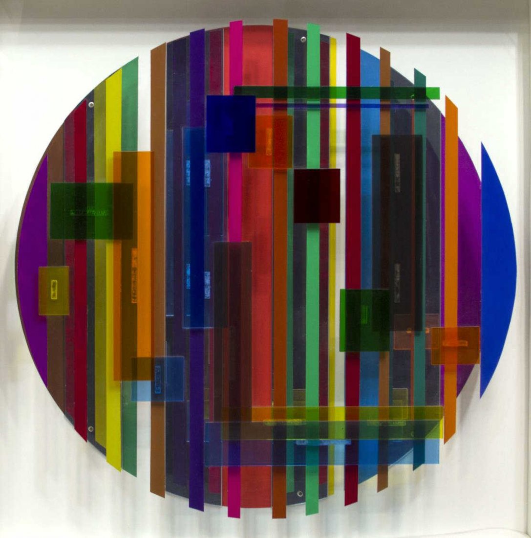 MIXED MEDIA ART, ATTRIB. NEIL WILLIAMS (1934-1988): Framed mixed media art, Polychrome Linear Abstract, attributed to Neil Williams (American, 1934-1988), retaining tag verso, sight: 29.25"h, 29.25"w, overall: 31"h, 31"w, 21lbs *Provenance: From the es