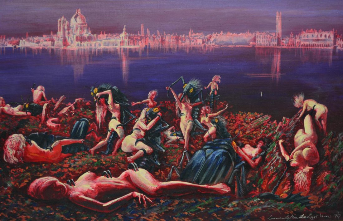 PAINTING, LUDOVICO & JANICE LEFTON DE LUIGI: Framed surrealist painting on canvas, Beetles, Nudes & Red Venice, signed lower right Ludovico Lefton De Luigi, Venice, 1967 (Ludovico de Luigi, Venice, b. 1933), Lefton (Janice Cecilla Lefton De Luig
