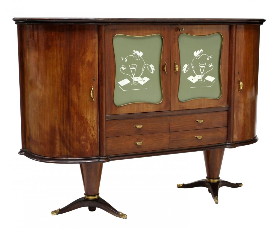 ITALIAN MID-CENTURY MODERN PALEARI BAR SIDEBOARD: Italian mid-century modern sideboard bar, c. 1950, by Mobili Paleari, Lissone, a demilune form cabinet with two decorative glass doors opening to a mirrored bar, flanking curved end doors with birch w