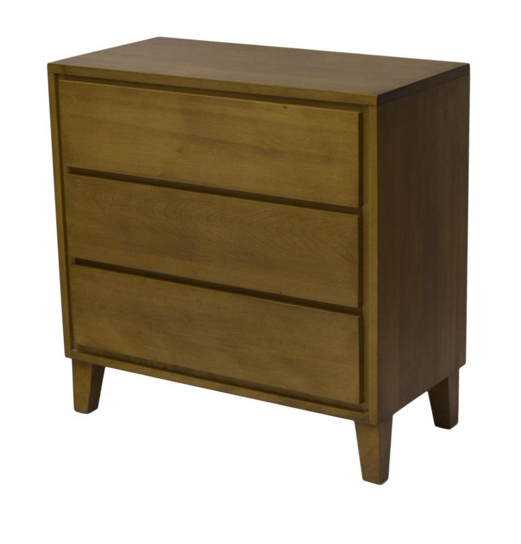 MID-CENTURY MODERN CHEST OF DRAWERS, RUSSEL WRIGHT: American mid-century modern chest of drawers / dresser, design by Russel Wright (American, 1904-1976) for Conant Ball, Gardner, MA, a rectangular top over three drawers, rising on squat tapered block