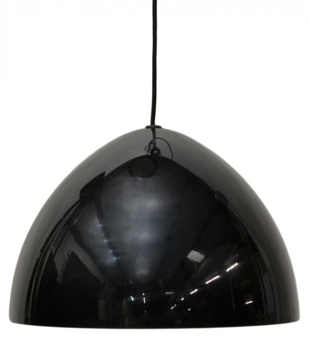 ITALIAN ELIO MARTINELLI BLACK CEILING LIGHT: Italian modern one-light hanging lamp, c. 1990, design by Elio Martinelli (Italian, 1921-2004), black plastic shade with ribbed white underside covering a light, in need of wiring, approx 9.25"h, 14"w