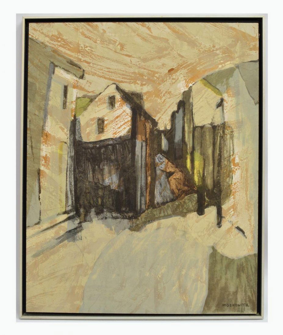 ABSTRACT PAINTING, ROBERT S. MOSKOWITZ (b. 1935): Framed abstract painting on board, Houses, signed lower right Moskowitz (Robert S. Moskowitz, New York, b. 1935), slight paint loss, sight: 30"h, 24"w, 31, overall: 31.25"h, 25.25"w, 6.25lbs Start Pri