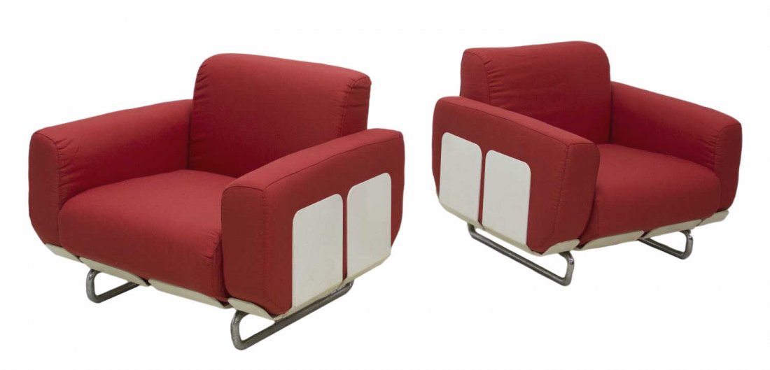 (2) ITALIAN MODERN KARTELL ARM CHAIRS: (lot of 2) Italian modern Kartell arm chairs, recently upholstered in red fabric with white plastic panel accents, rising on chrome steel legs, 27"h, 33.5"w, 29"d Start Price: $600.00